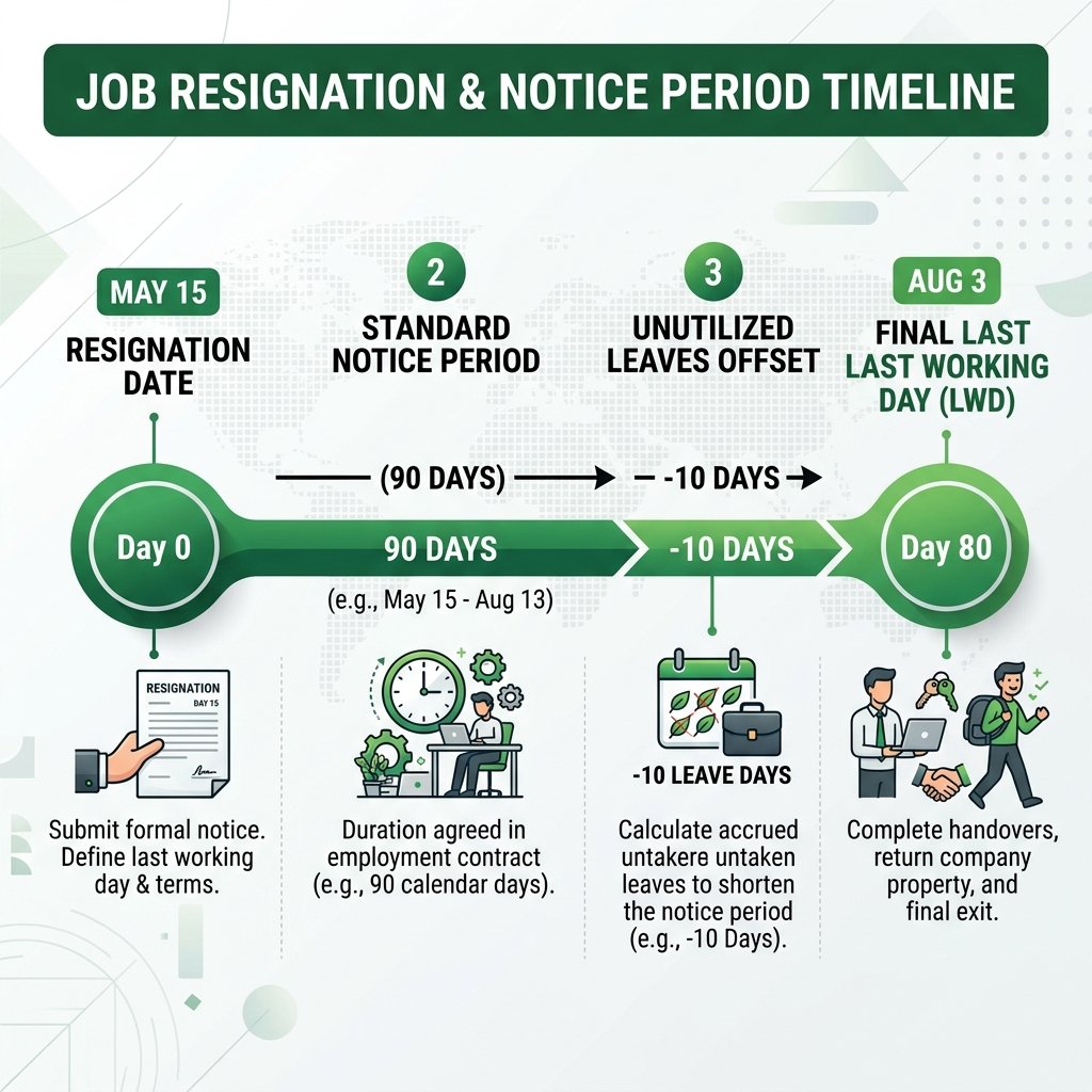 Notice Period Timeline Infographic from Resignation Date to Last Working Day