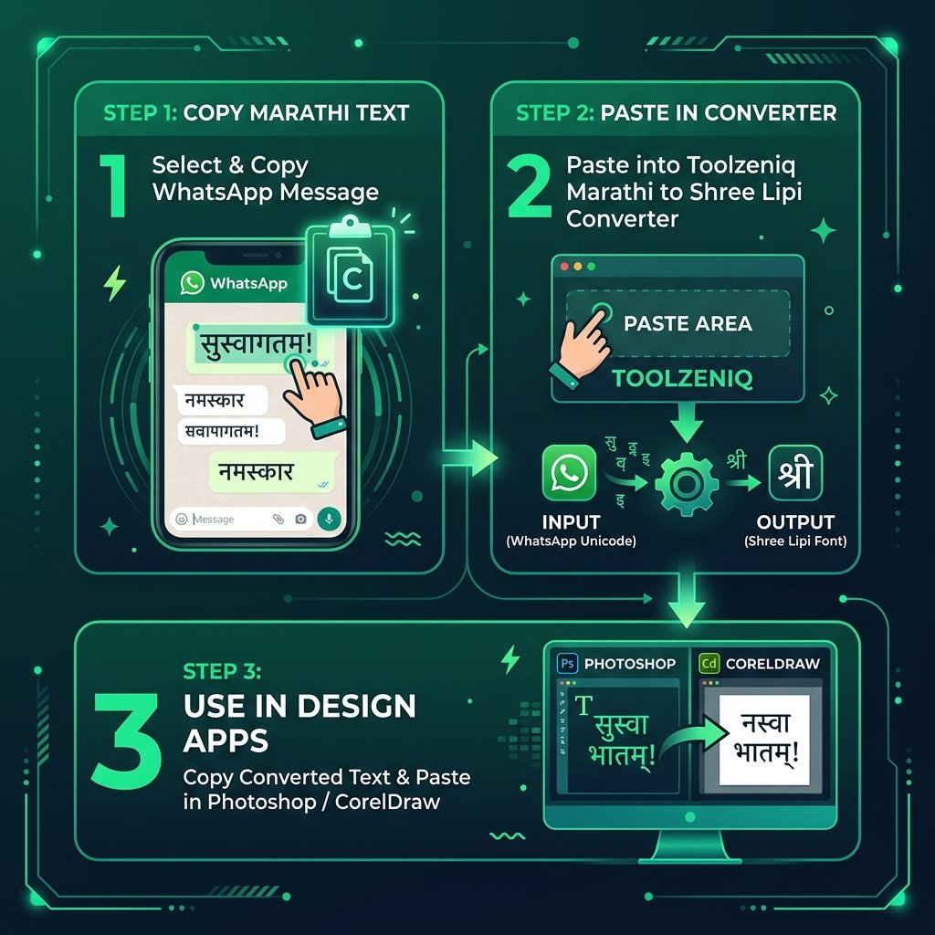 Step-by-step WhatsApp font to shree lipi converter online guide diagram
